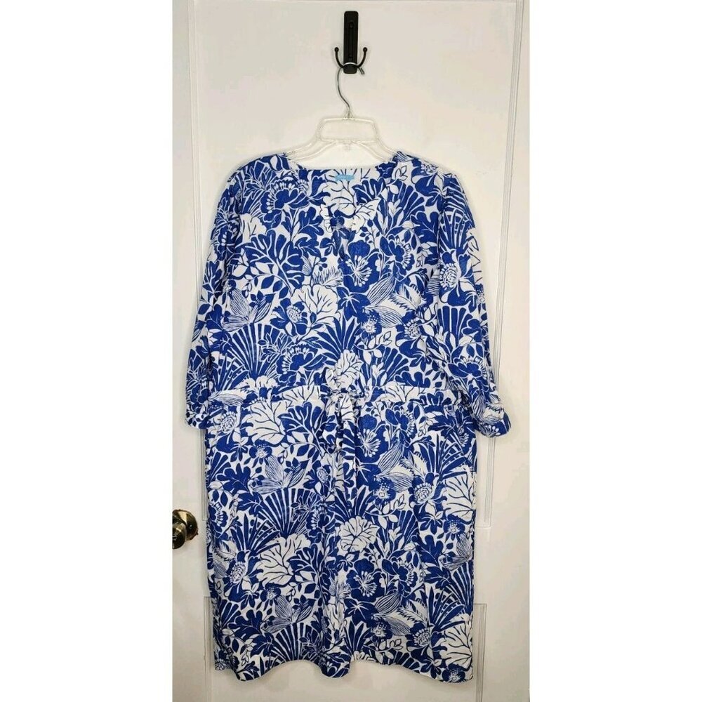 J McLaughlin Size XL Evalyn Shirt Dress Garden Walk Blue White Floral Hawaiian